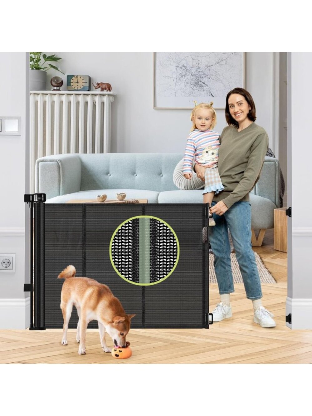 55" Wide Retractable Baby Gate - Indoor/Outdoor Safety Mesh Dog Gate, No Drill